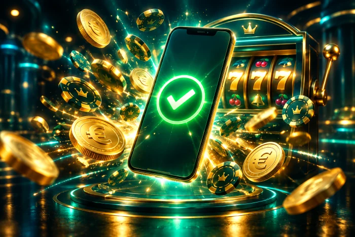 Online casino met Sofort: smartphone met betaalbevestiging, gouden munten en gokkast